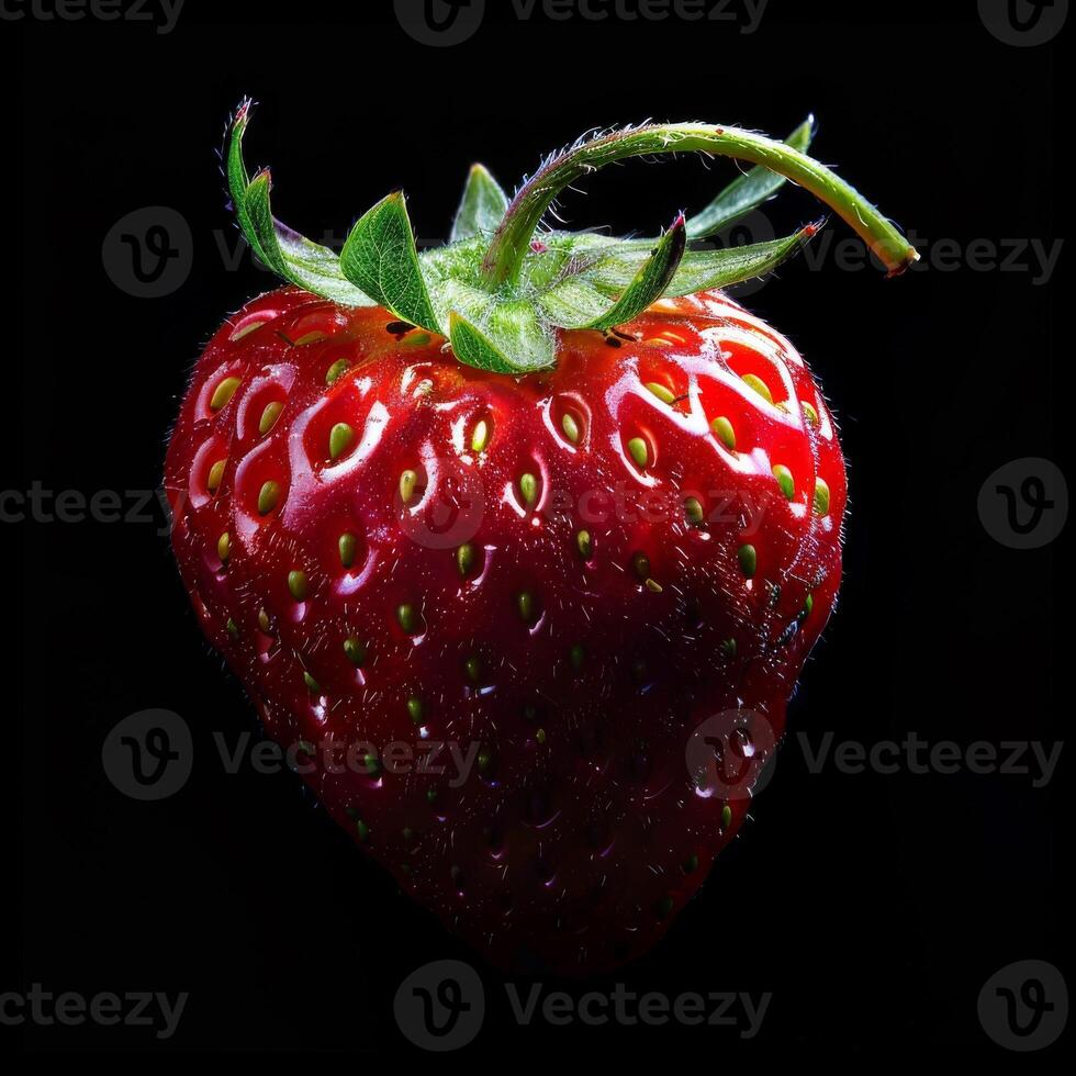 A strawberry is shown on a black background photo