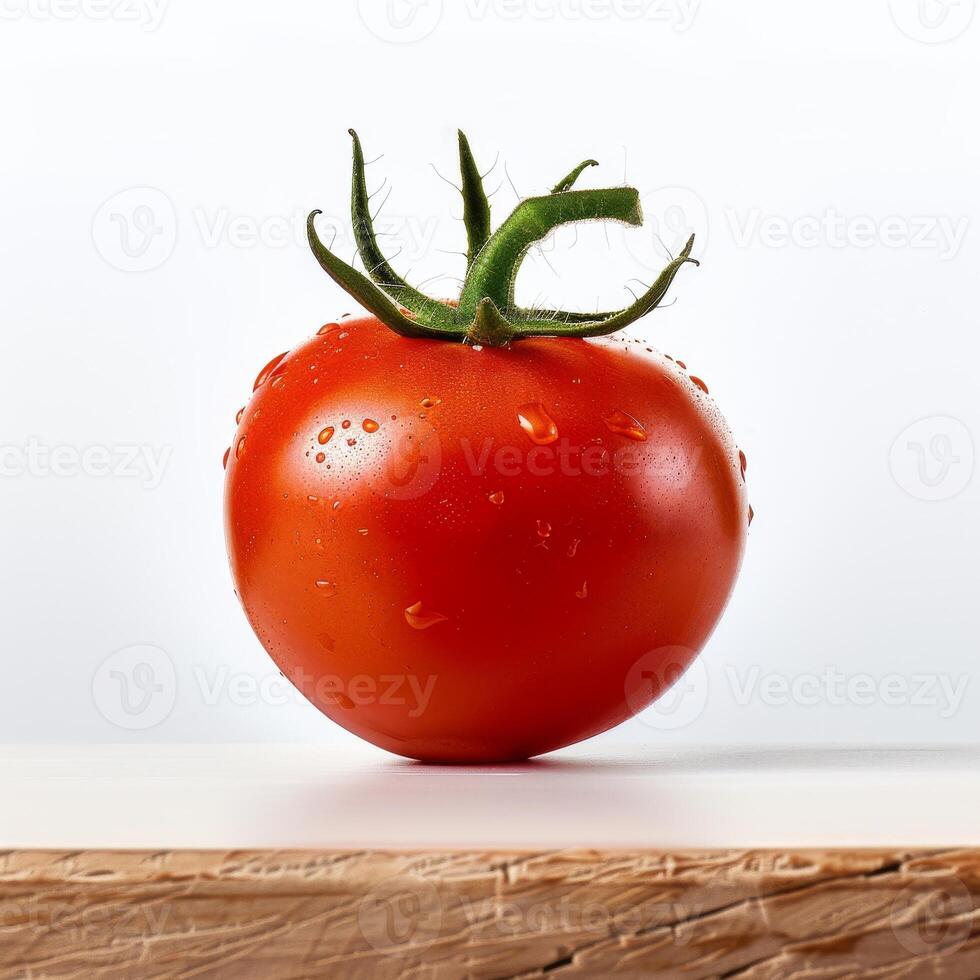 A tomato on a wooden surface with water drops photo