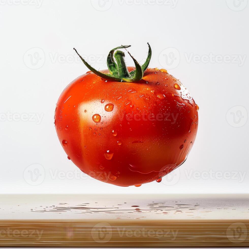 A tomato is floating in the air with water droplets photo