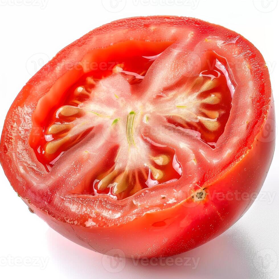 A cut open tomato on a white background photo