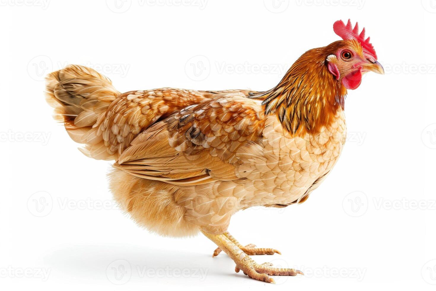 A brown chicken is standing on a white background photo
