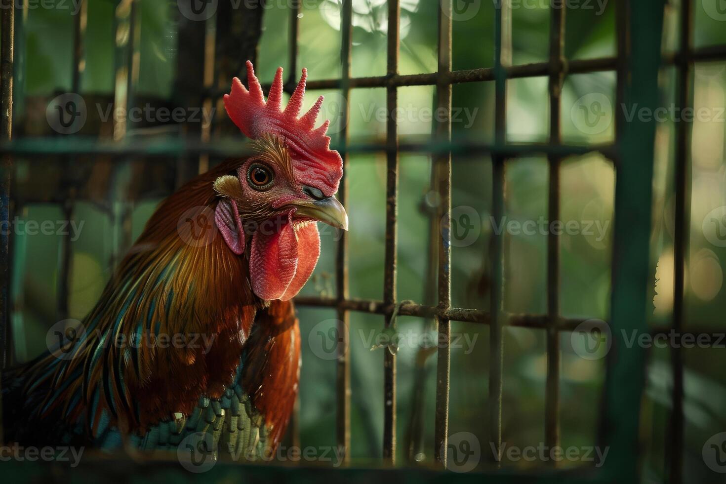 A rooster is sitting in a cage photo