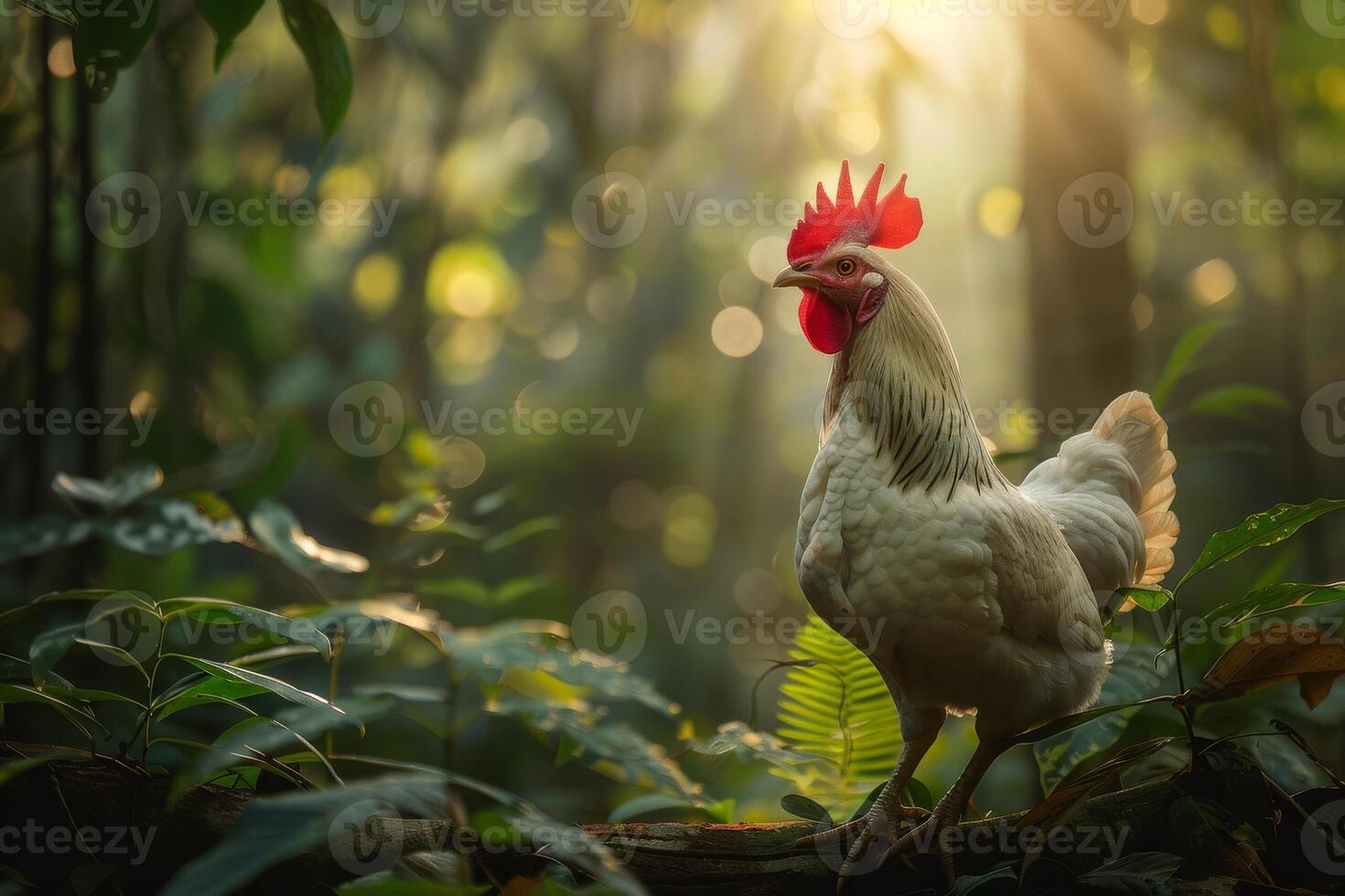A rooster is standing in the middle of a forest photo