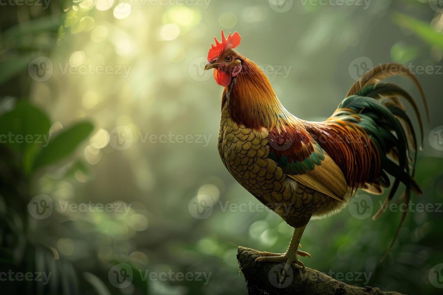 A rooster stands on a branch in the middle of a forest photo