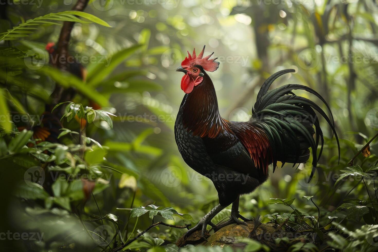 A rooster is standing in the middle of a jungle photo