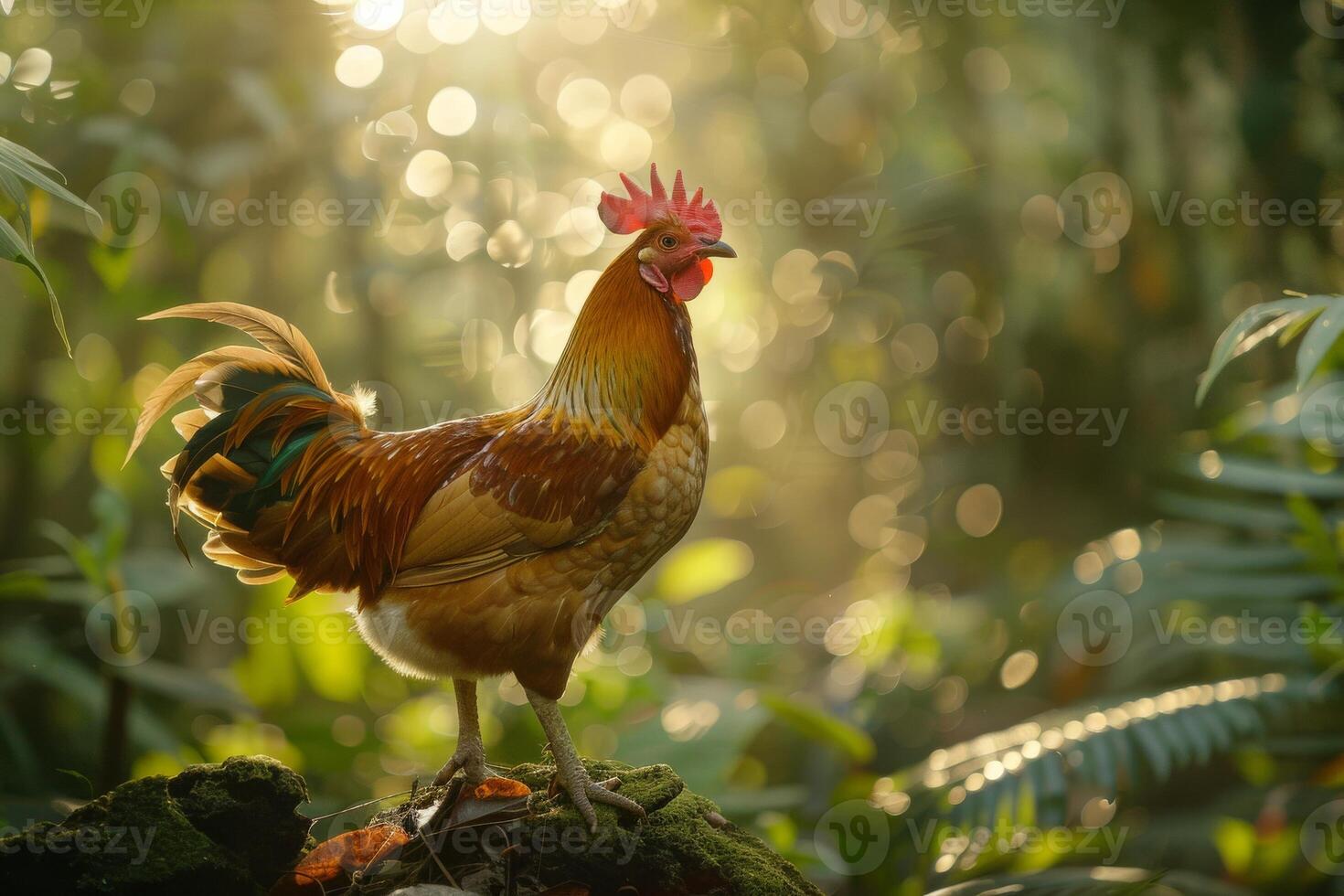 A rooster stands on a rock in the middle of a jungle photo
