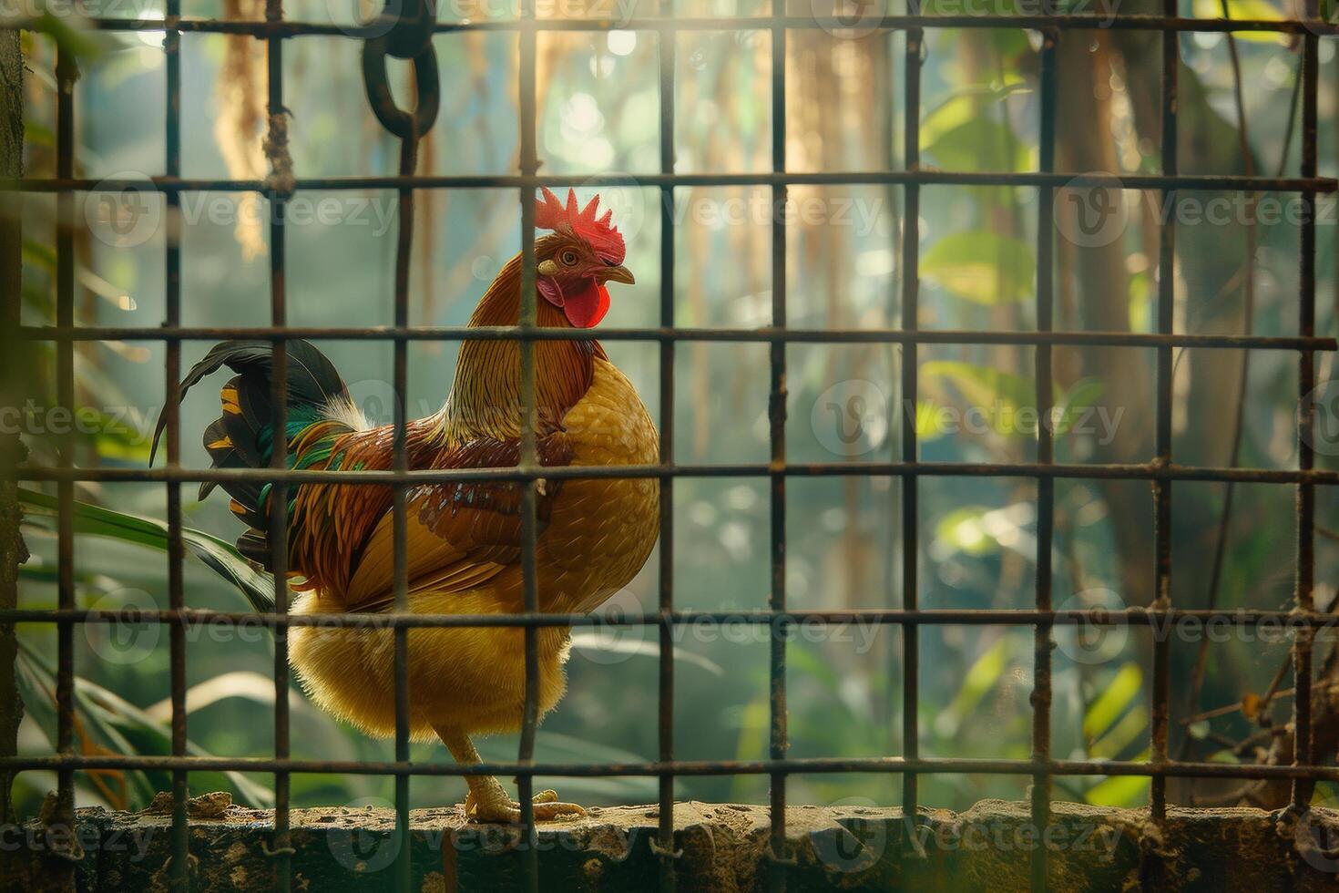 A rooster is standing in a cage in the jungle photo