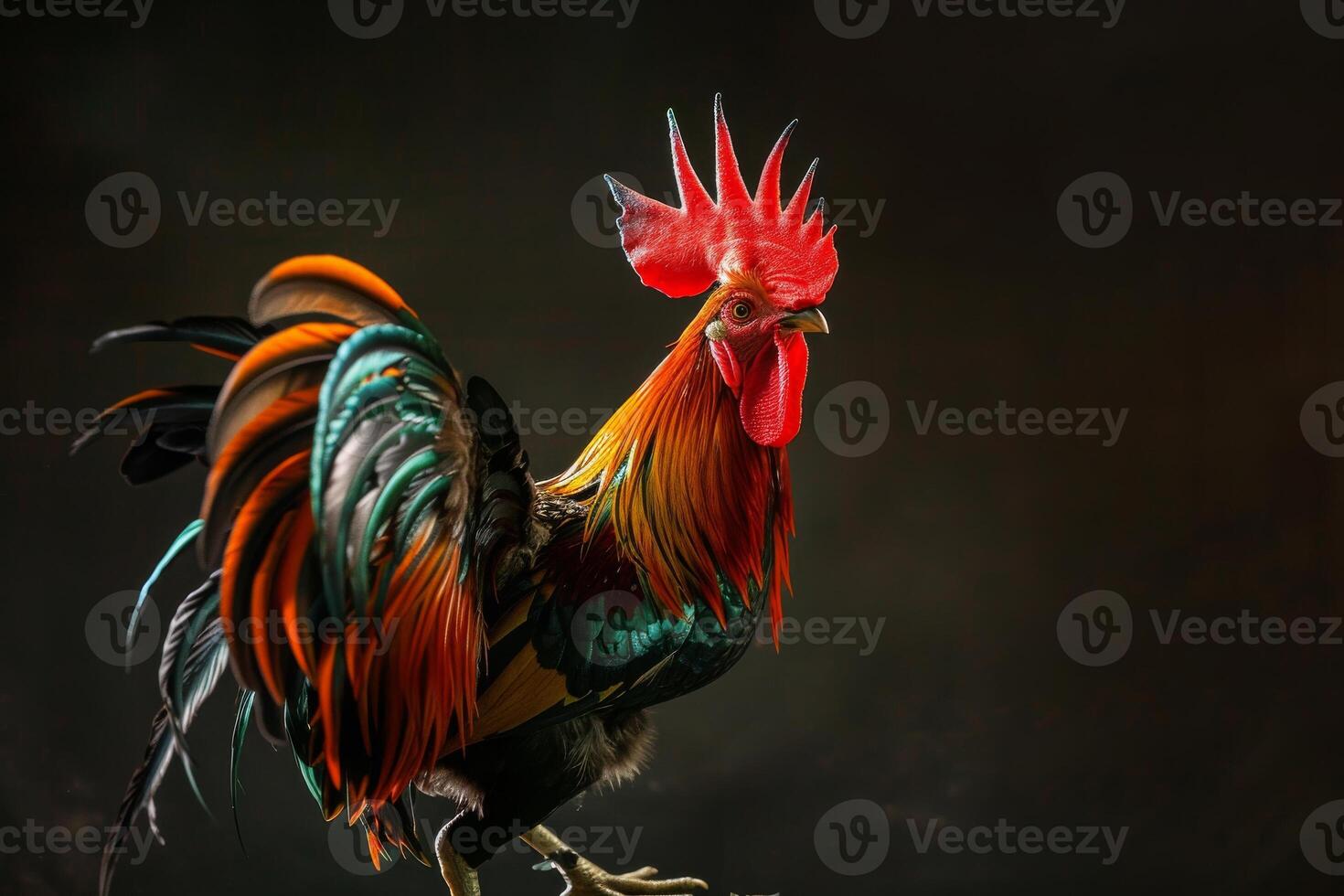 A rooster with bright red feathers standing on a black background photo