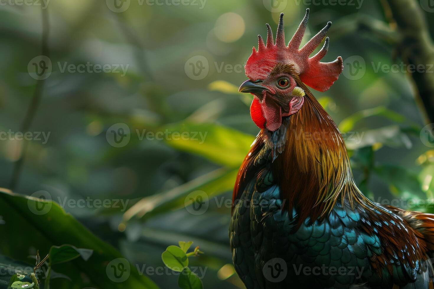 A rooster with a red comb stands in the middle of a forest photo