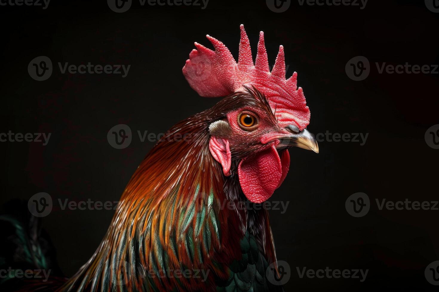 A rooster with a red and green head photo