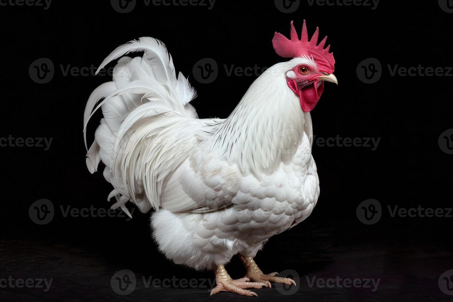 A white rooster with red feathers standing on a black background photo
