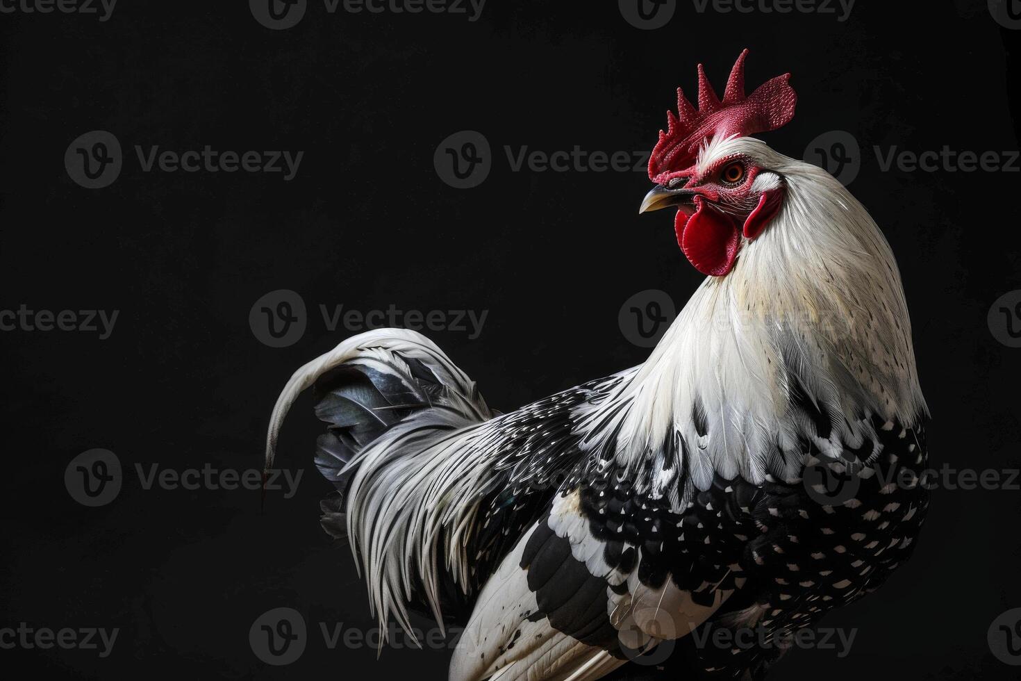 A rooster is standing in front of a black background photo