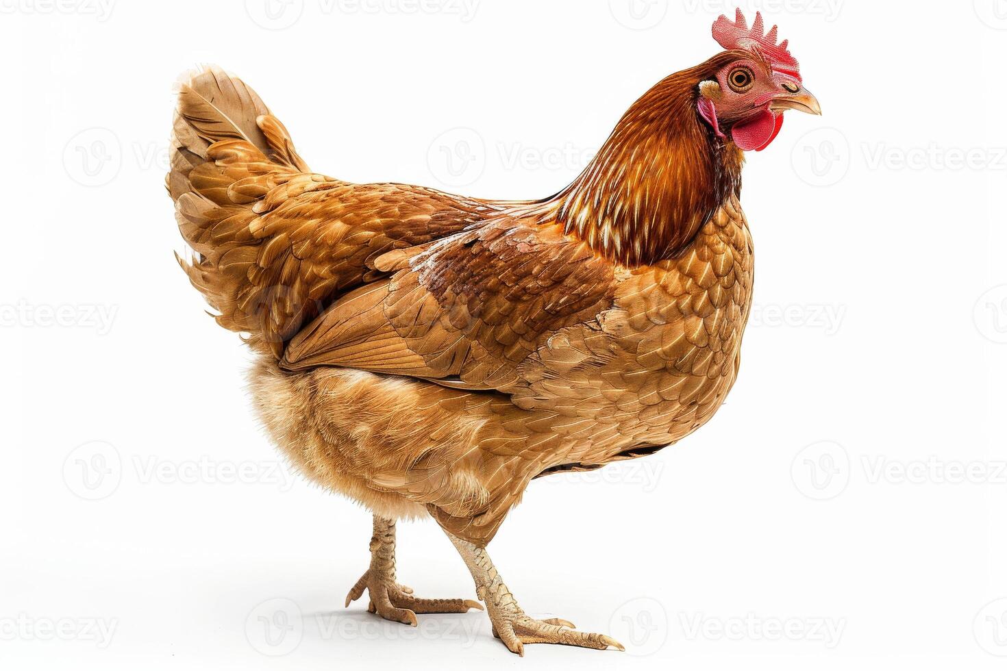 A brown chicken standing on a white background photo