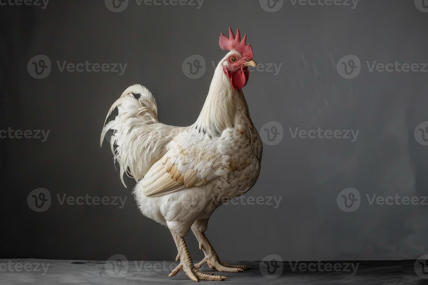 A white rooster standing on a dark background photo
