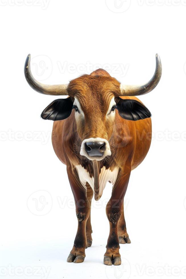 A brown bull with long horns standing in front of a white background photo