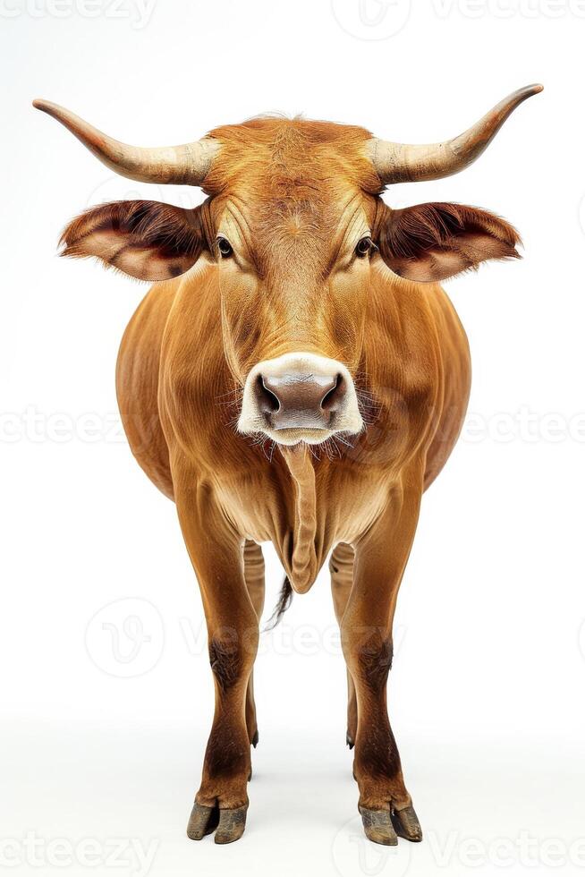 A brown cow with long horns standing in front of a white background photo