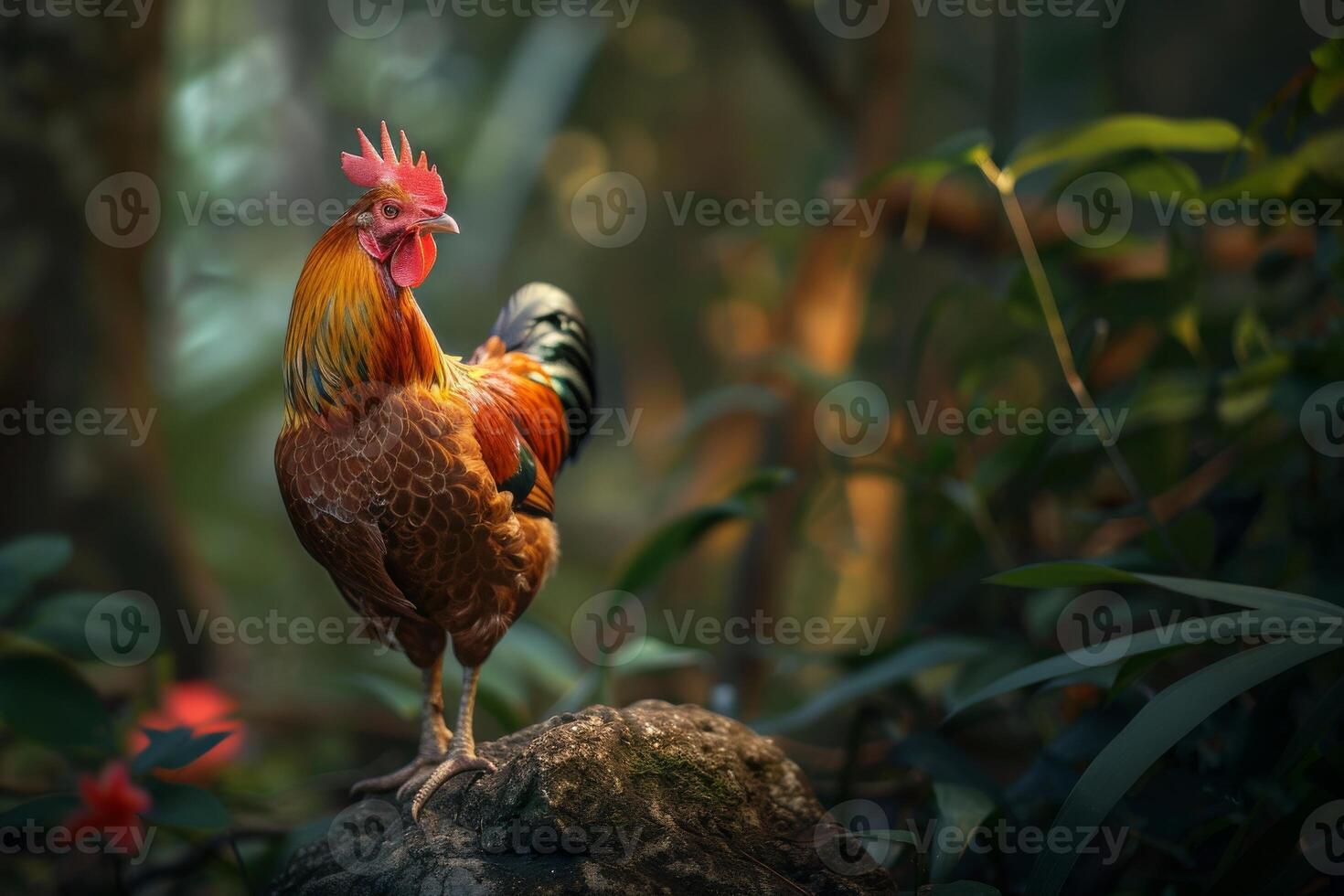 Rooster standing on a rock in the forest photo