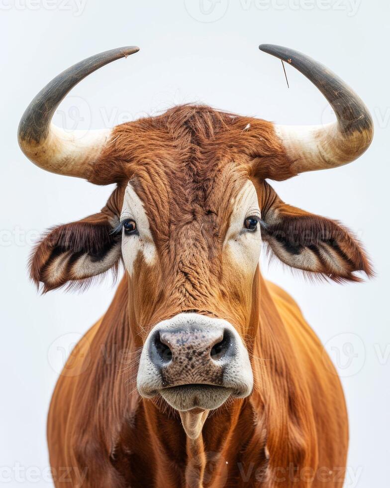 A bull with large horns standing in front of a white background photo