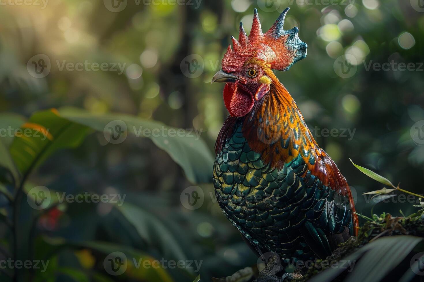 A colorful rooster is standing in the middle of a jungle photo