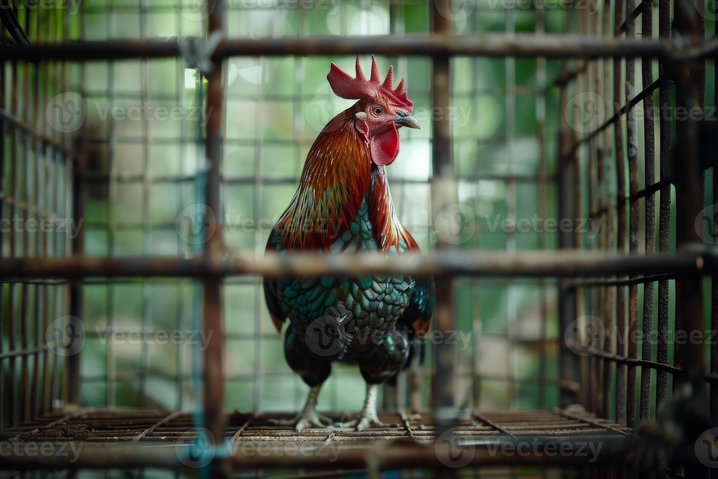 A rooster is standing in a cage photo