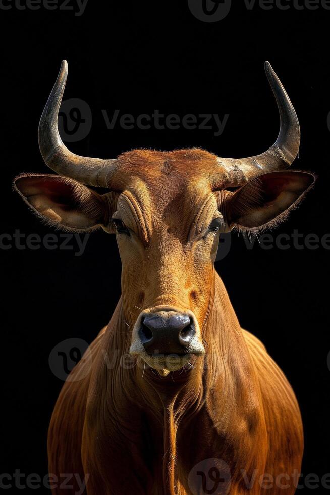 A cow with horns on a black background photo