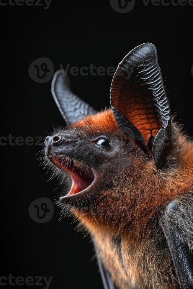 A bat with its mouth open and its eyes open photo