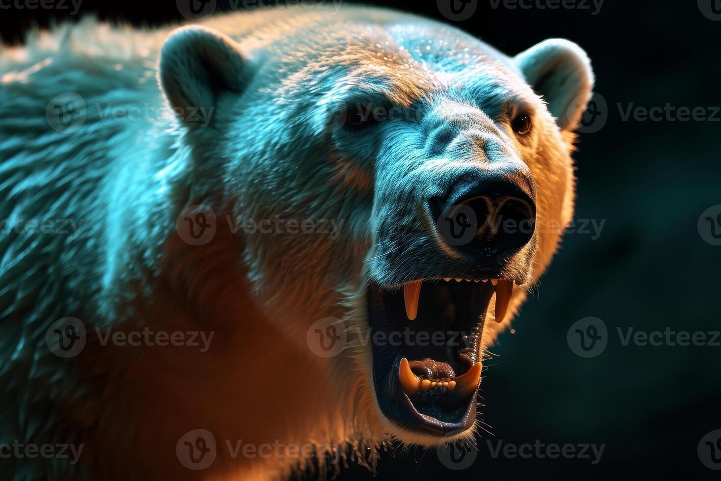 A polar bear with its mouth open and its teeth showing photo