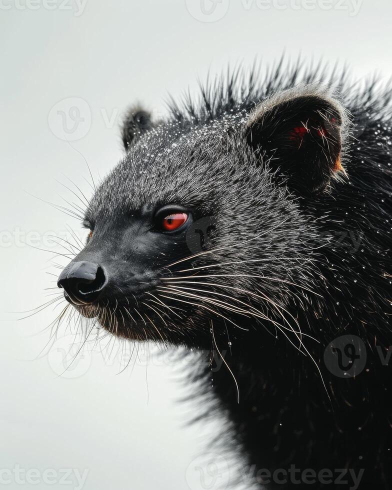 A close up of a black animal with red eyes photo
