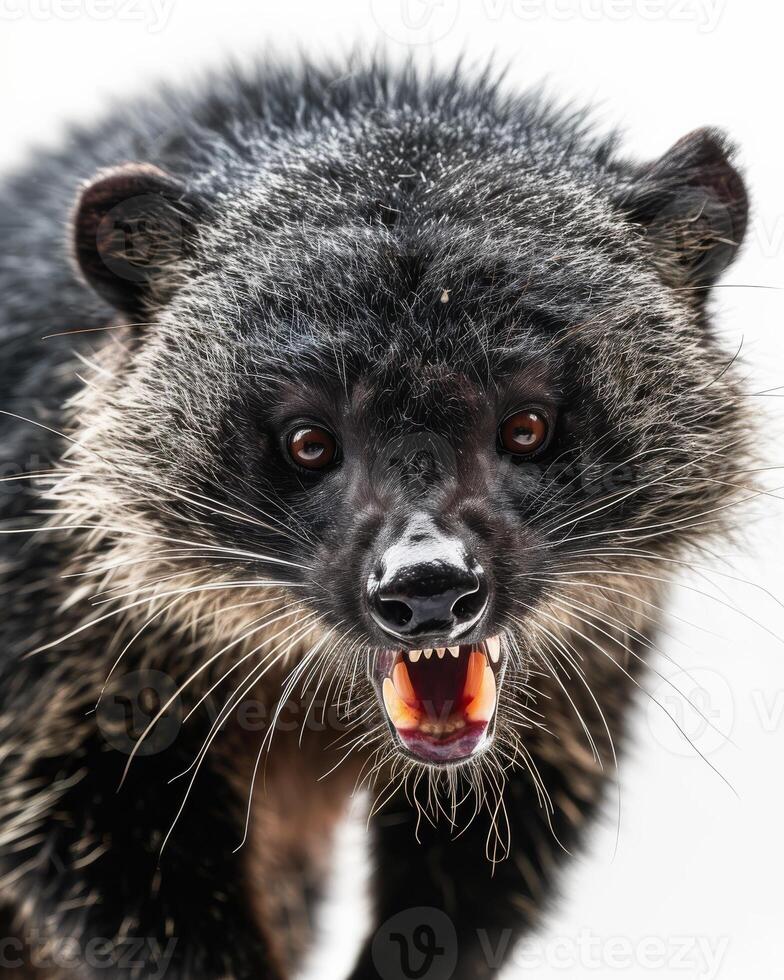 A close up of a black animal with its mouth open photo
