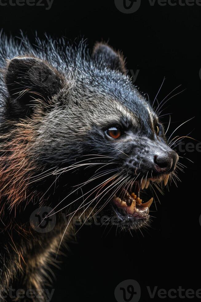 A close up of a raccoon with its mouth open photo