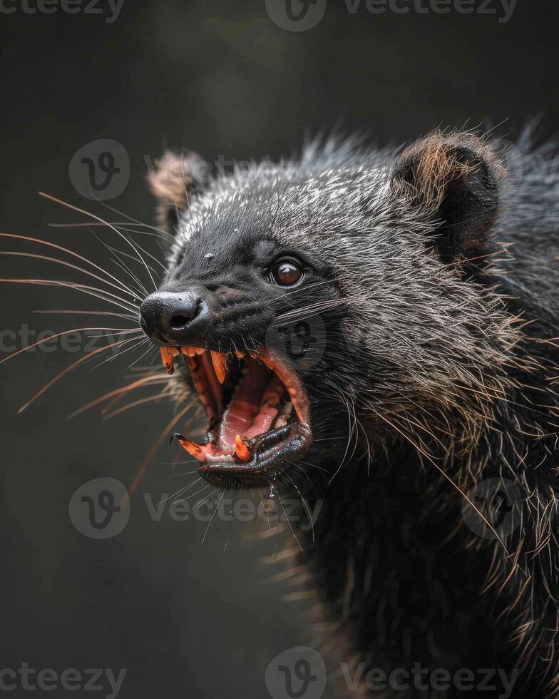 A close up of a black animal with its mouth open photo