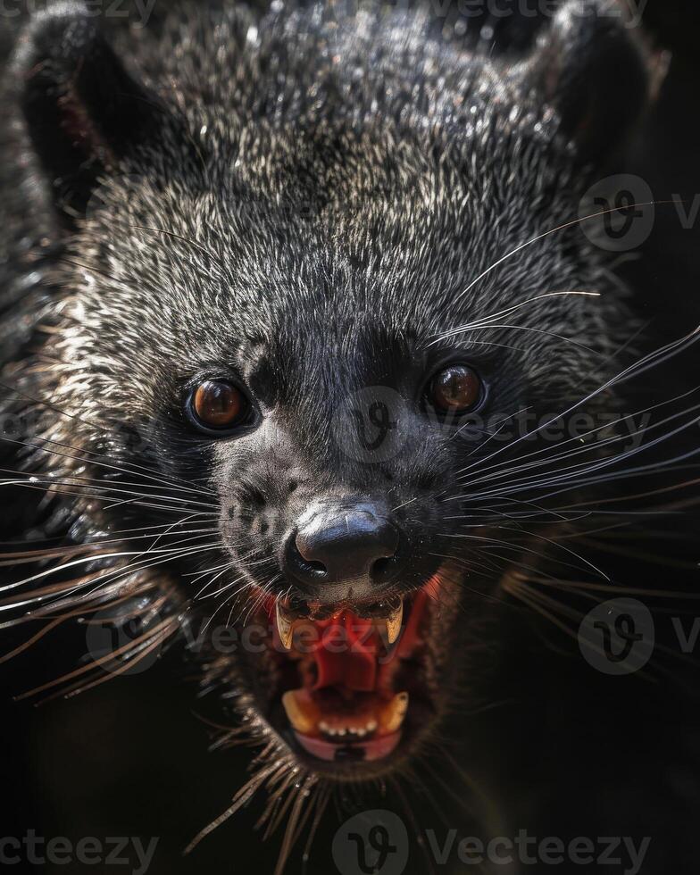 A close up of a black animal with its mouth open photo