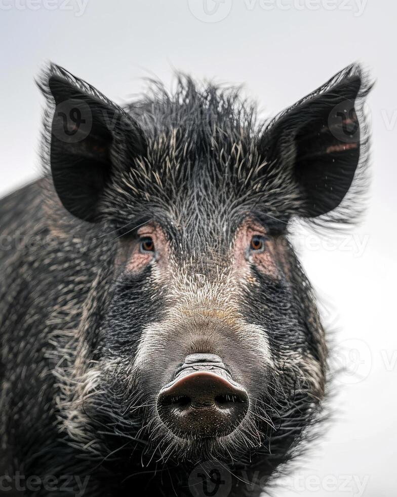 A close up of a pig with a gray sky background photo