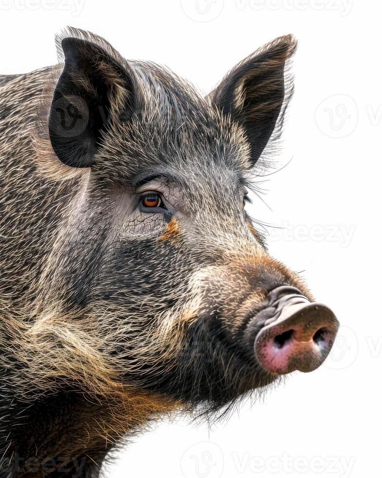 A close up of a wild boar on a white background photo
