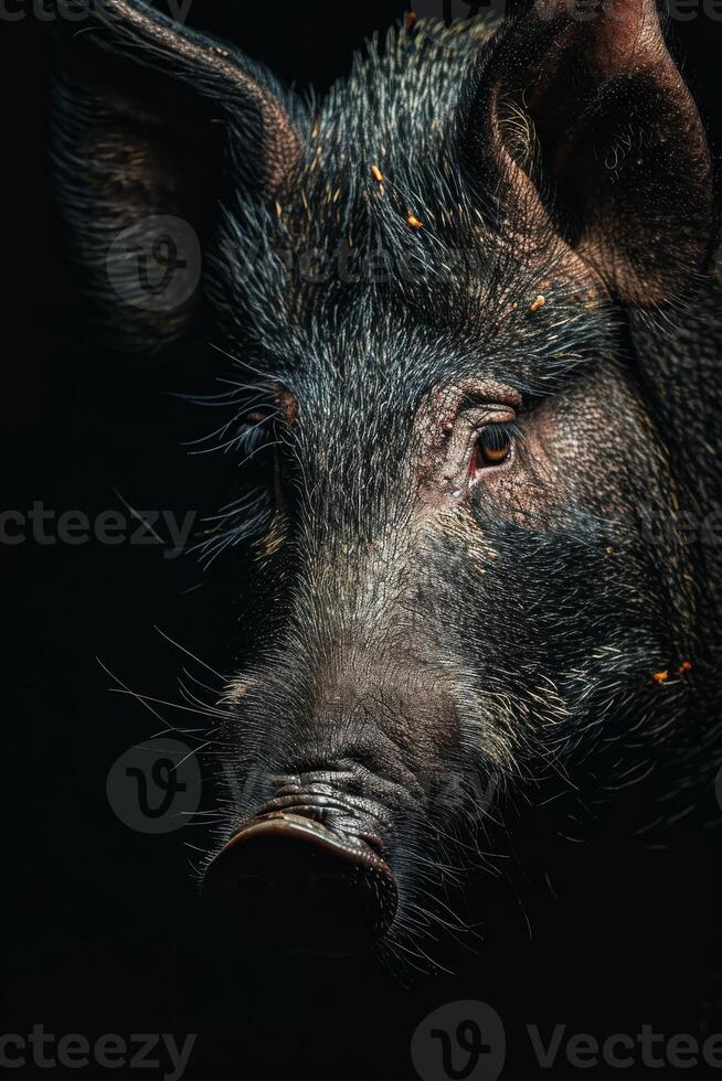 A close up of a pig's face photo