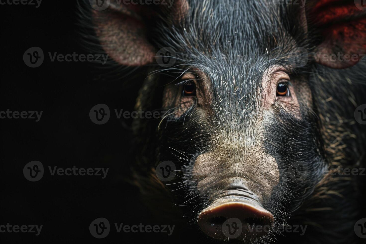 A close up of a pig with a black background photo