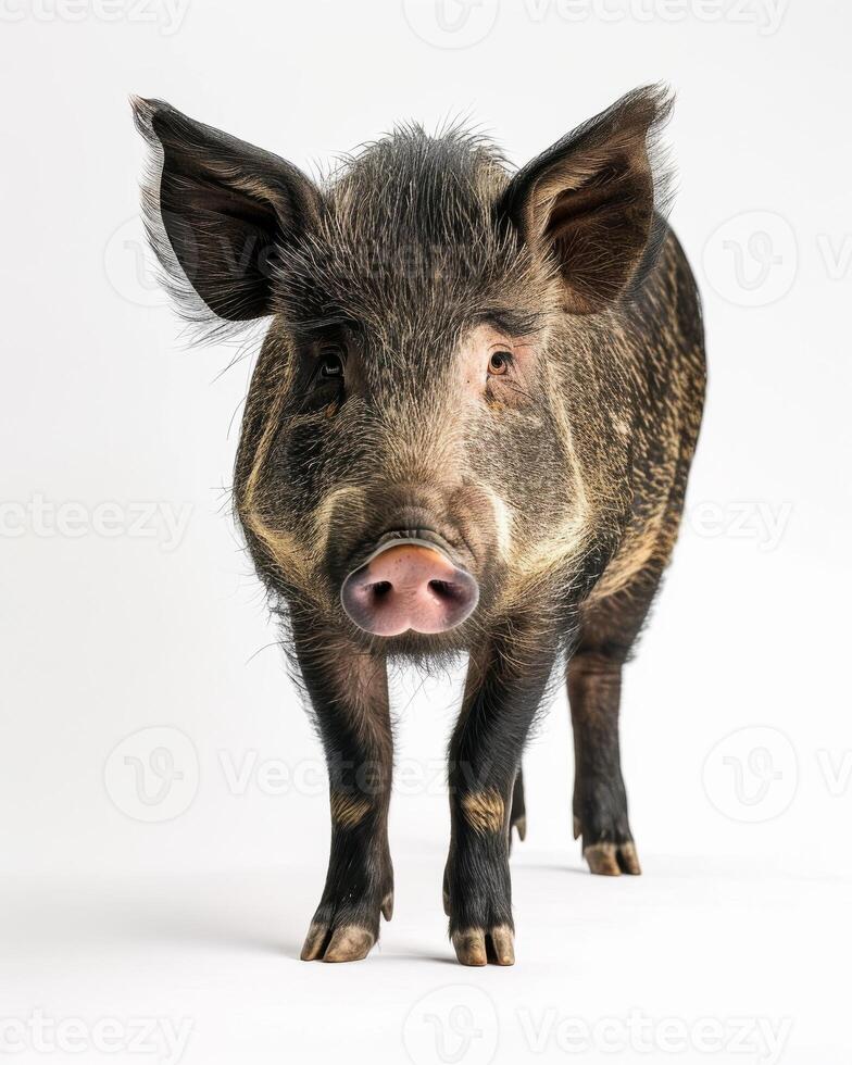 A pig is standing in front of a white background photo