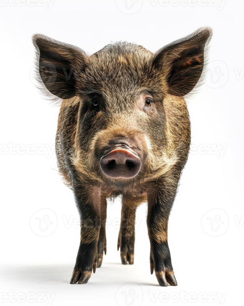 A pig is standing in front of a white background photo