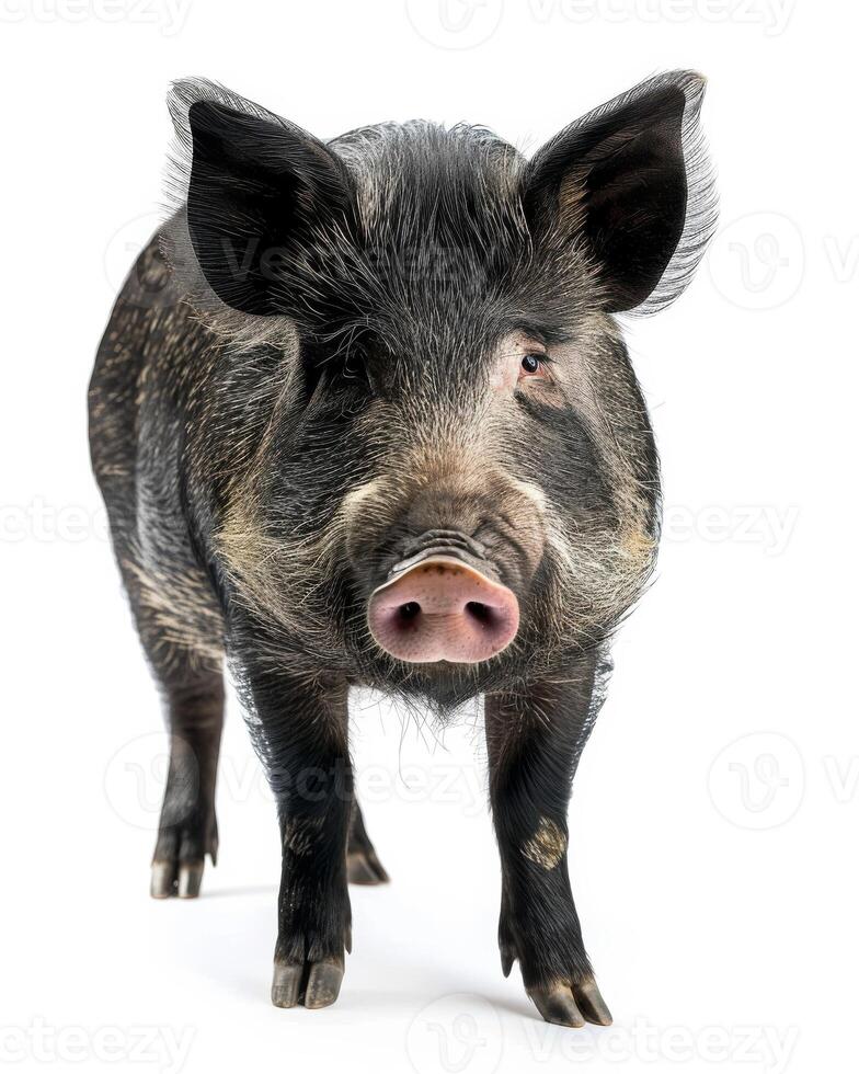 A pig is standing in front of a white background photo