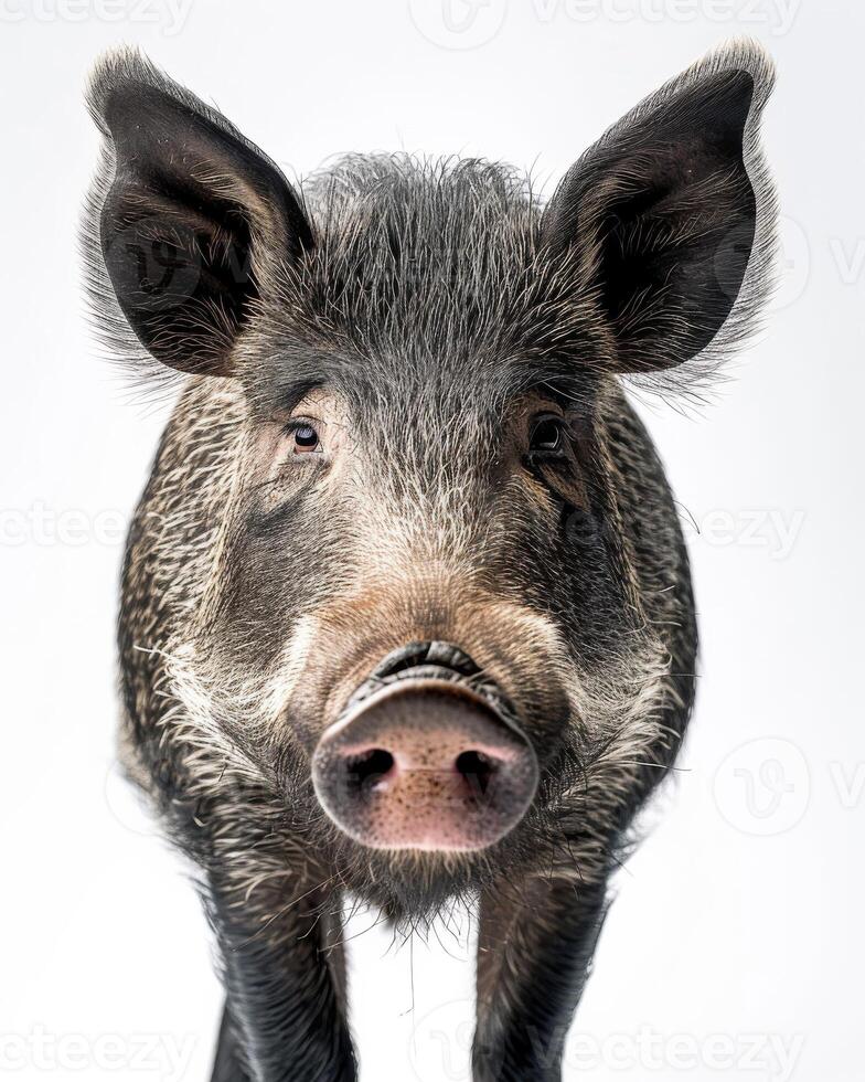 A pig is standing in front of a white background photo