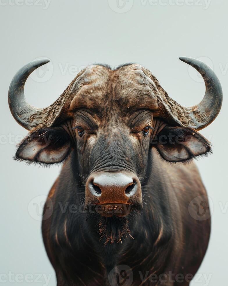 A close up of a buffalo with large horns photo