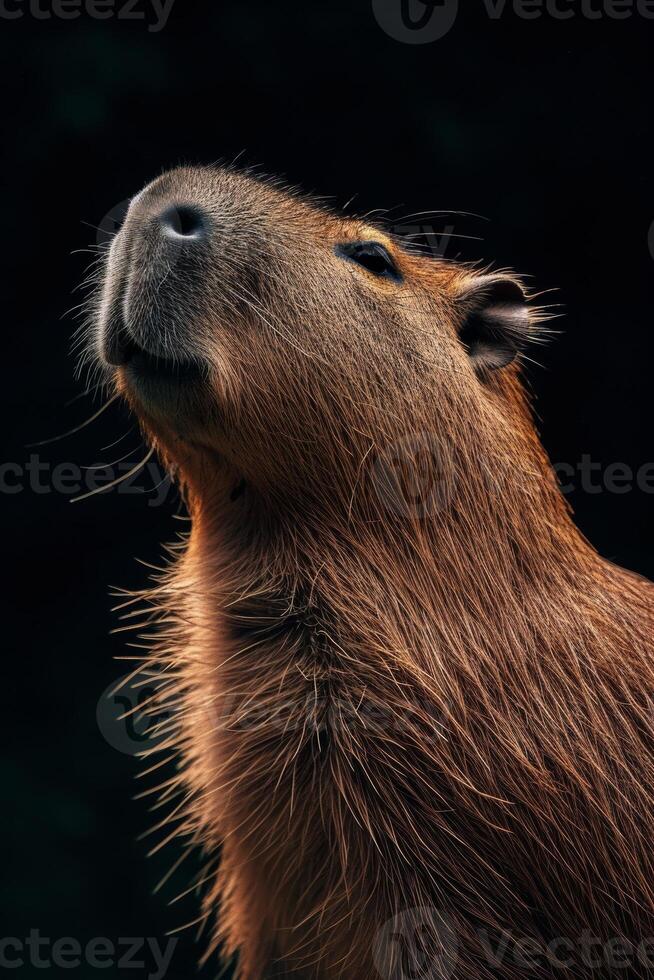 A capybara is looking up at the sky photo
