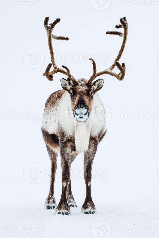 A reindeer with large horns standing in the snow photo