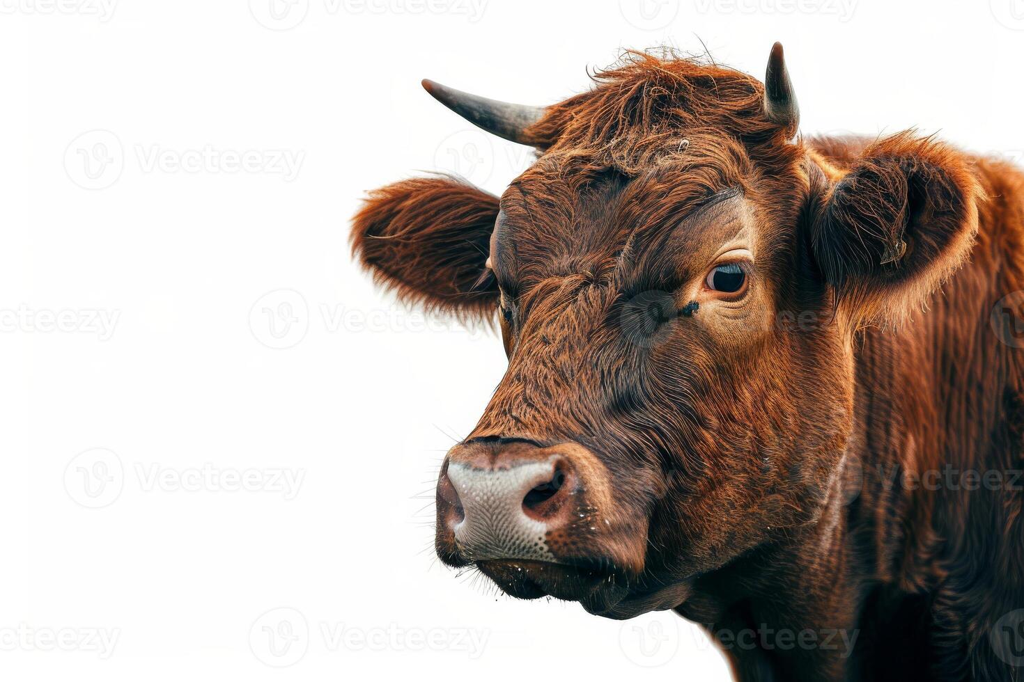 A close up of a brown cow with horns photo
