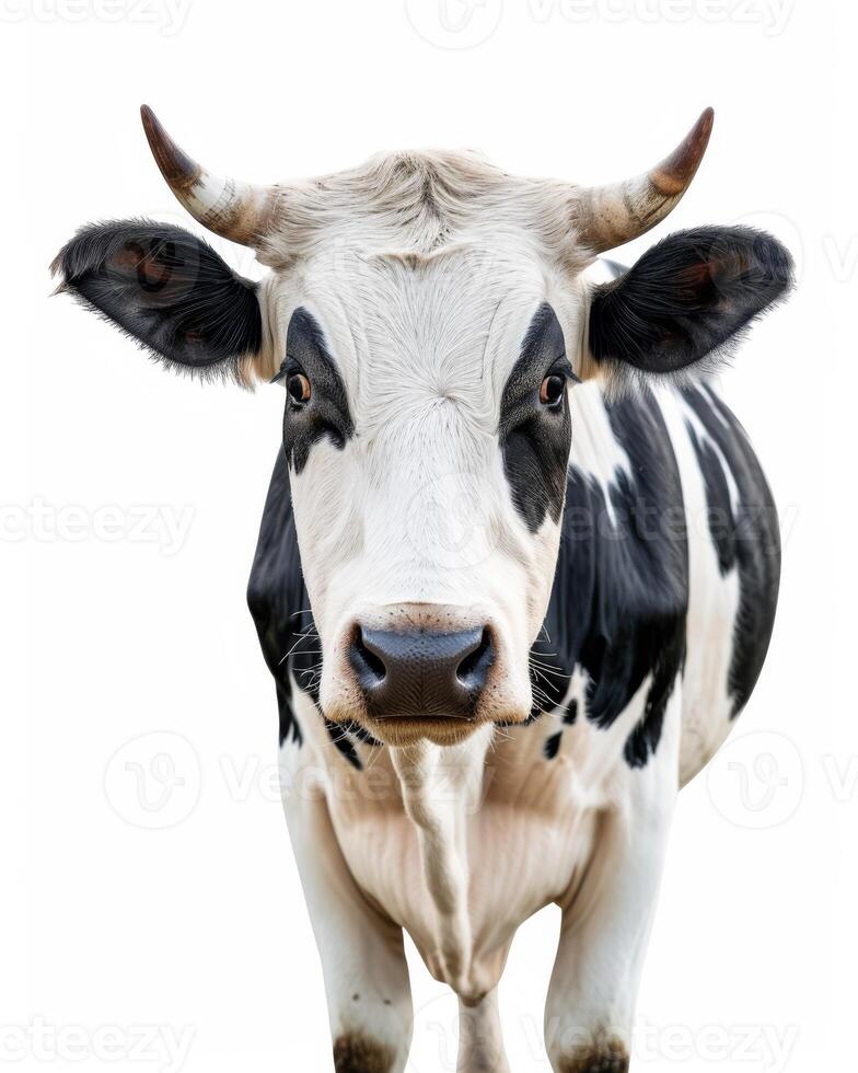 A cow with horns standing in front of a white background photo