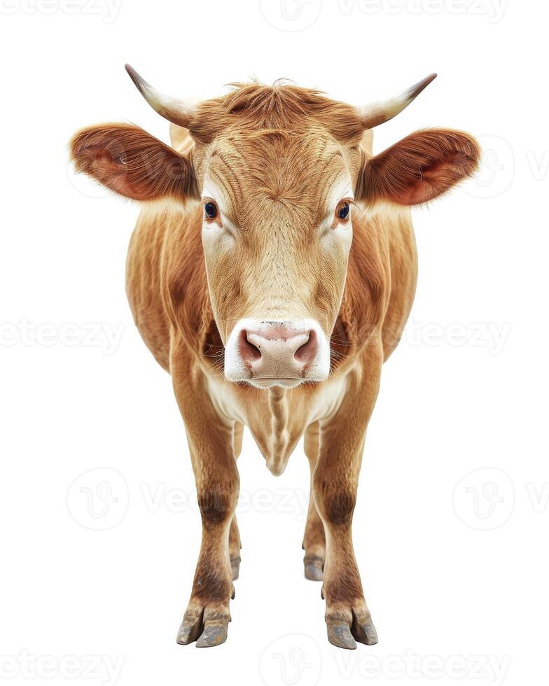 A cow with big horns standing in front of a white background photo