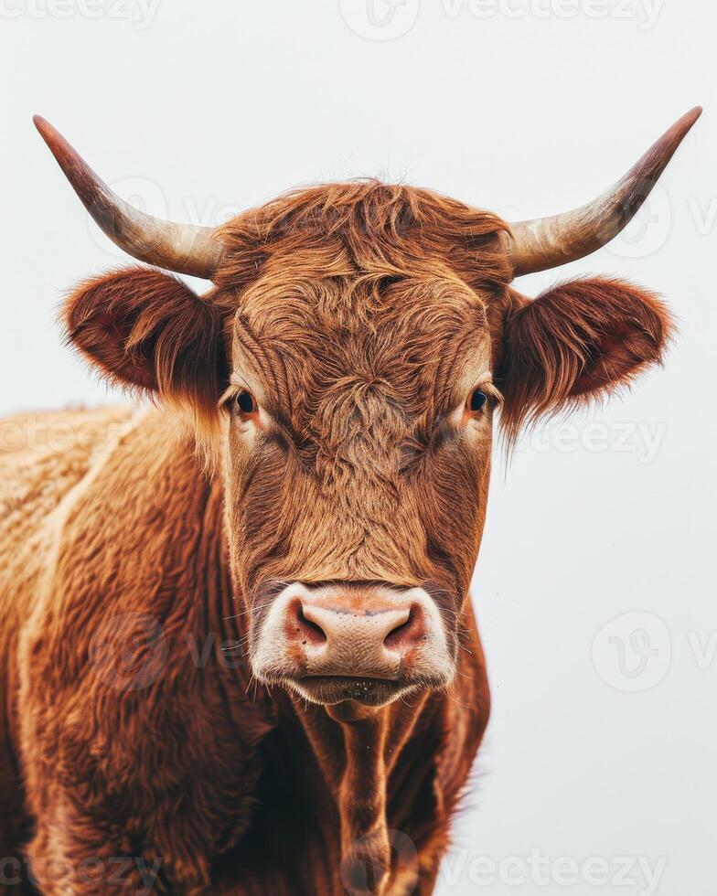 A close up of a bull with horns on a white background photo