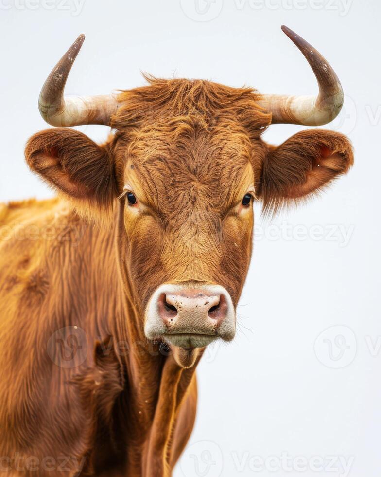 A close up of a cow with horns photo