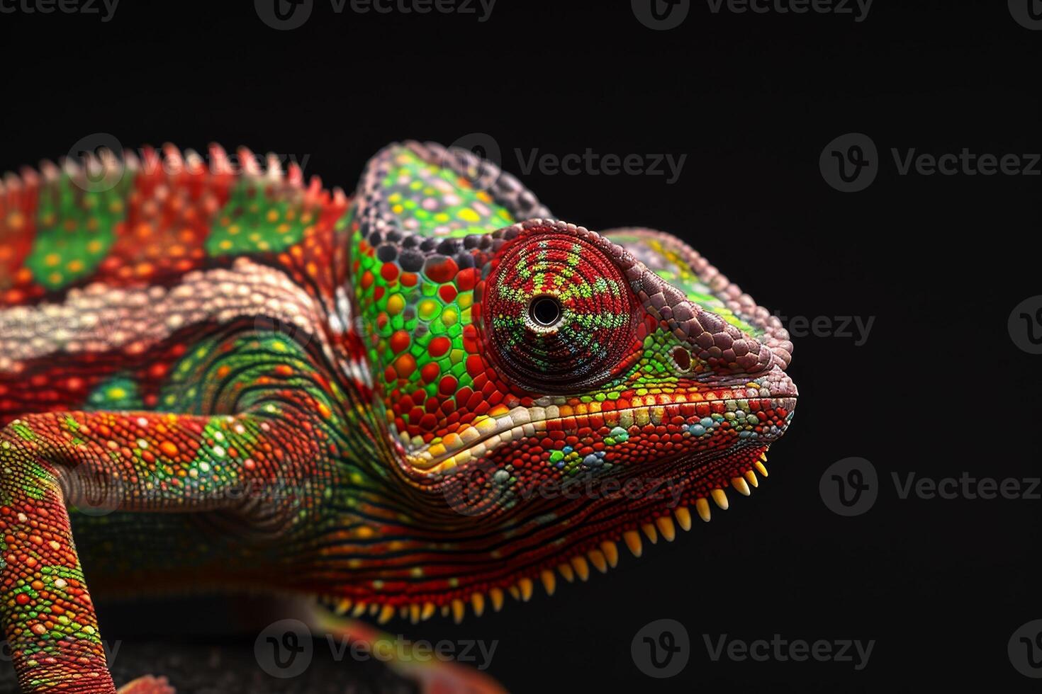 A colorful chameleon is sitting on a rock photo