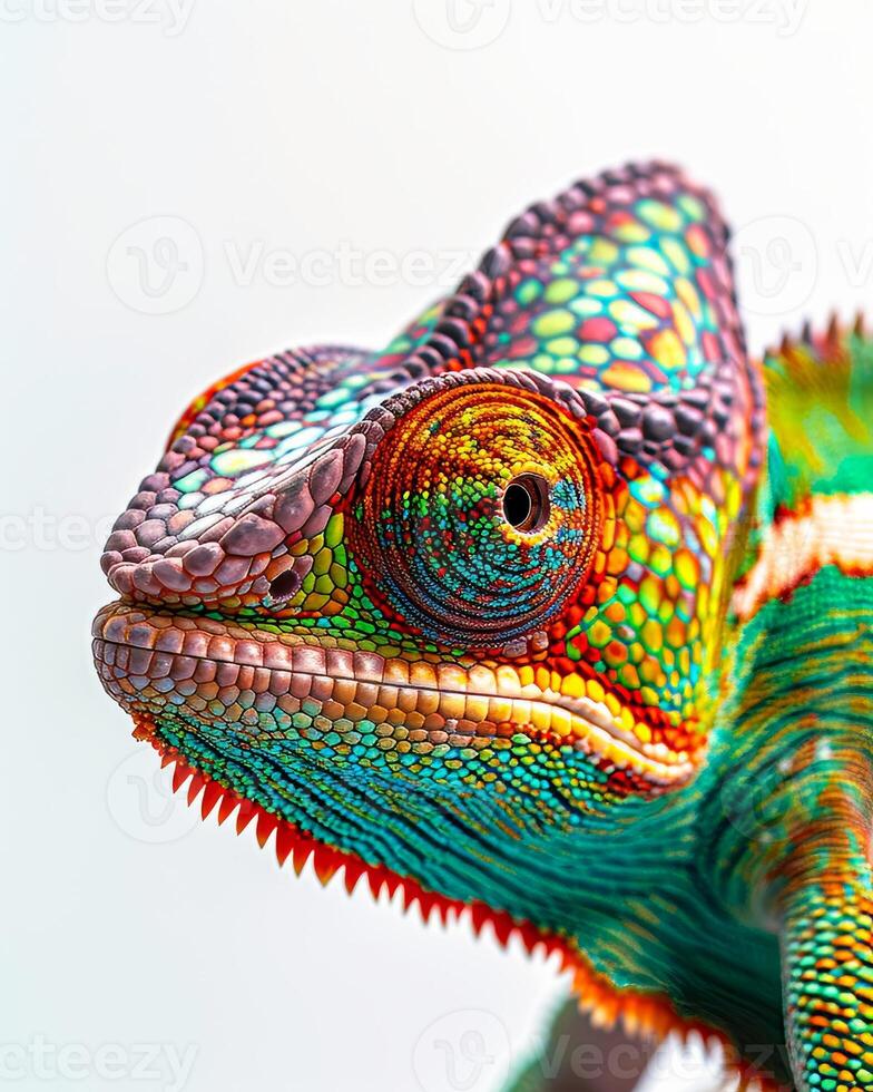 A colorful chameleon is shown in front of a white background photo